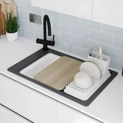 Évier de cuisine en composite de quartz noir 1 bac à encastrer GoodHome Romesco + égouttoir