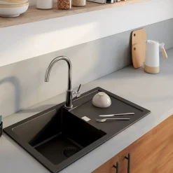 Évier de cuisine en composite de quartz noir 1 bac à encastrer GoodHome Hawking + égouttoir