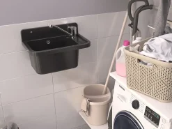 Évier de Cuisine en Granite Gris avec Robinet Noir Extensible