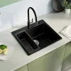 Évier de Cuisine en Granit 50x45cm , SOFETIY MAX Évier 1 Bac Noir , Kit de Vidage,Évier à poser + Panier égouttoir