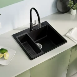 Évier de Cuisine en Granit 50x45cm , SOFETIY MAX Évier 1 Bac Noir , Kit de Vidage,Évier à poser + Panier égouttoir