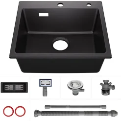 Évier de Cuisine en Granit 50x45cm , SOFETIY MAX Évier 1 Bac Noir , Kit de Vidage,Évier à poser + Panier égouttoir