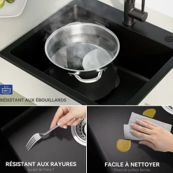 Évier de Cuisine en Granit 50x45cm , SOFETIY MAX Évier 1 Bac Noir , Kit de Vidage,Évier à poser + Panier égouttoir