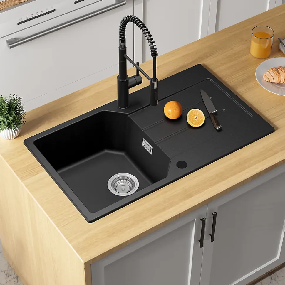 Évier de Cuisine en Granit Noir 78 x 45 cm, Évier 1 Bac, Évier à Encastrer avec étagère, Quartz et Résine, Kit de Vidage