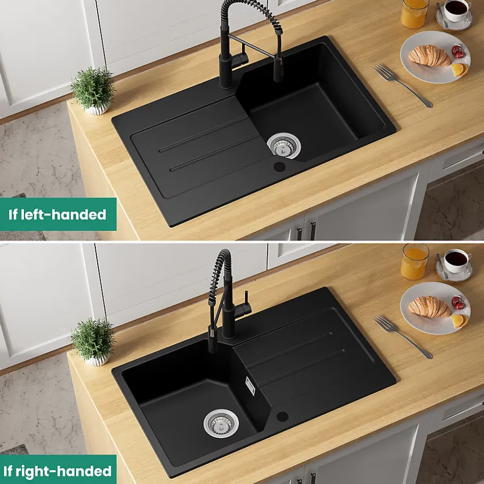 Évier de Cuisine en Granit Noir 78 x 45 cm, Évier 1 Bac, Évier à Encastrer avec étagère, Quartz et Résine, Kit de Vidage