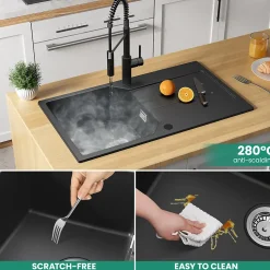 Évier de Cuisine en Granit Noir 78 x 45 cm, Évier 1 Bac, Évier à Encastrer avec étagère, Quartz et Résine, Kit de Vidage