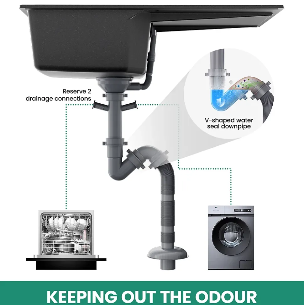 Évier de Cuisine en Granit Noir 78 x 45 cm, Évier 1 Bac, Évier à Encastrer avec étagère, Quartz et Résine, Kit de Vidage