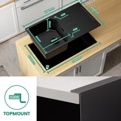 Évier de Cuisine en Granit Noir 78 x 45 cm, Évier 1 Bac, Évier à Encastrer avec étagère, Quartz et Résine, Kit de Vidage