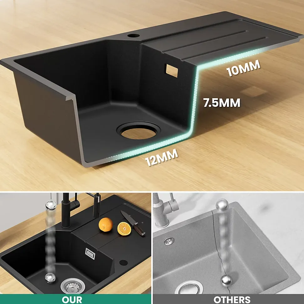 Évier de Cuisine en Granit Noir 78 x 45 cm, Évier 1 Bac, Évier à Encastrer avec étagère, Quartz et Résine, Kit de Vidage