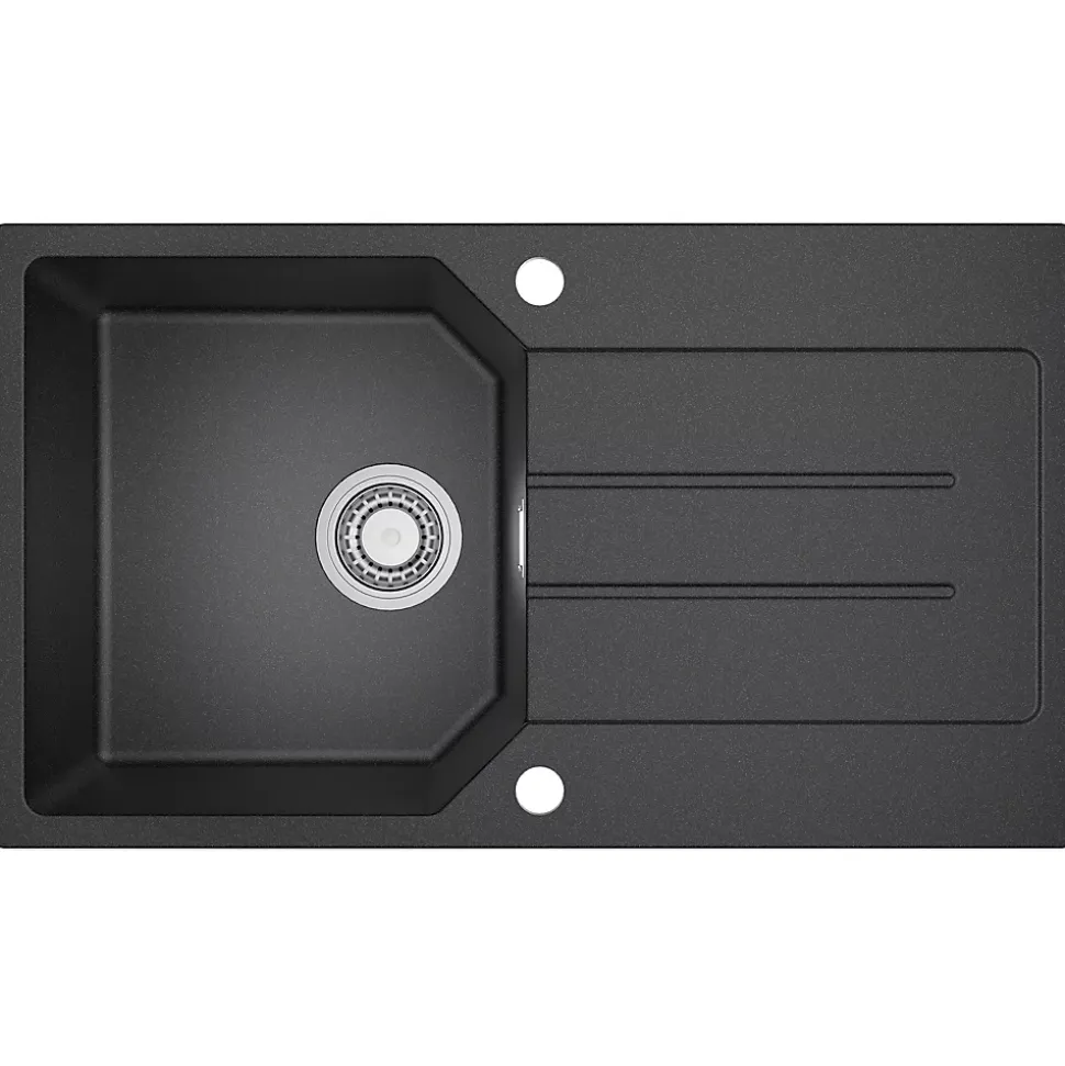 Évier de Cuisine en Granit Noir 78 x 45 cm, Évier 1 Bac, Évier à Encastrer avec étagère, Quartz et Résine, Kit de Vidage