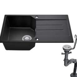 Évier de Cuisine en Granit Noir 78 x 45 cm, Évier 1 Bac, Évier à Encastrer avec étagère, Quartz et Résine, Kit de Vidage