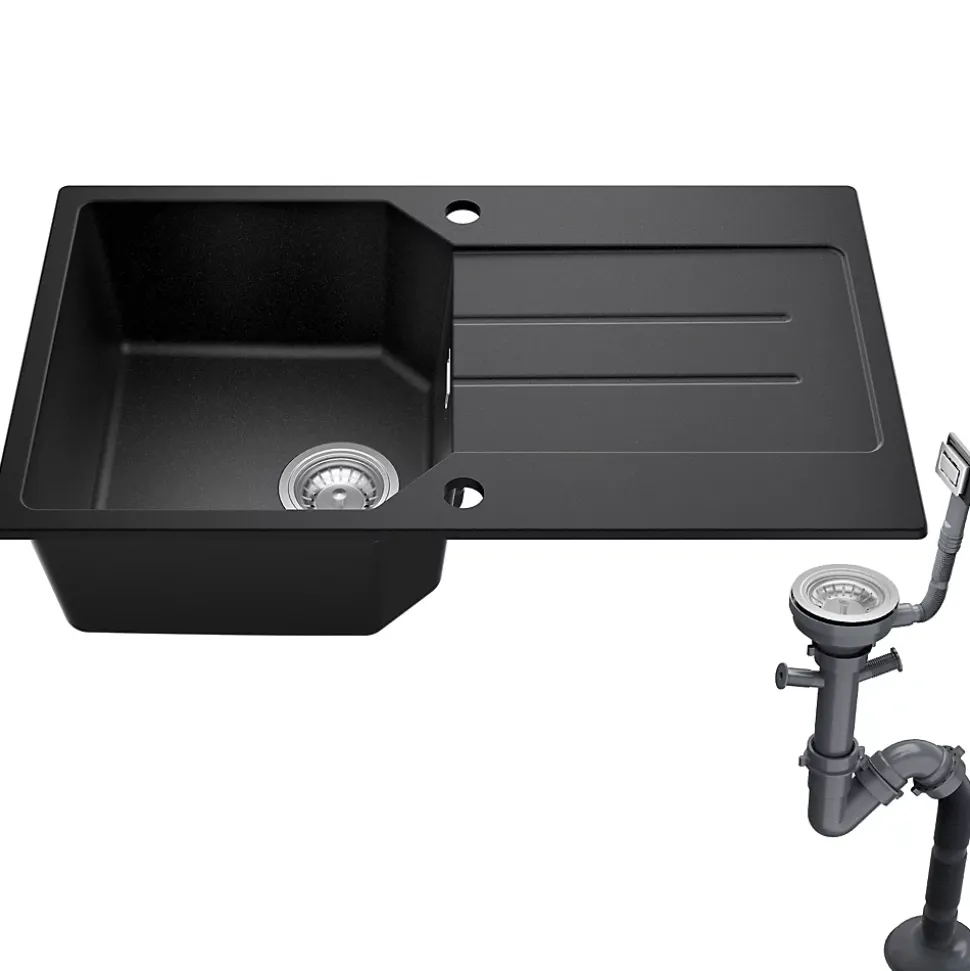 Évier de Cuisine en Granit Noir 78 x 45 cm, Évier 1 Bac, Évier à Encastrer avec étagère, Quartz et Résine, Kit de Vidage