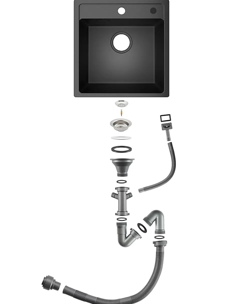 Évier de Cuisine en Granit 45x46cm , ANYCEE MAX Évier 1 Bac Noir , Kit de Vidage,Évier à Encastrer