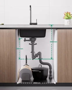 Évier de Cuisine en Granit 45x46cm , ANYCEE MAX Évier 1 Bac Noir , Kit de Vidage,Évier à Encastrer