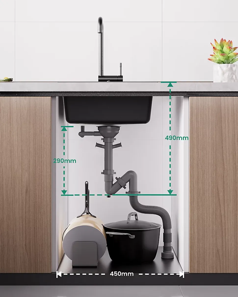 Évier de Cuisine en Granit 45x46cm , ANYCEE MAX Évier 1 Bac Noir , Kit de Vidage,Évier à Encastrer