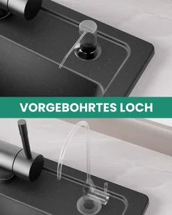 Évier de Cuisine en Granit 45x46cm , ANYCEE MAX Évier 1 Bac Noir , Kit de Vidage,Évier à Encastrer