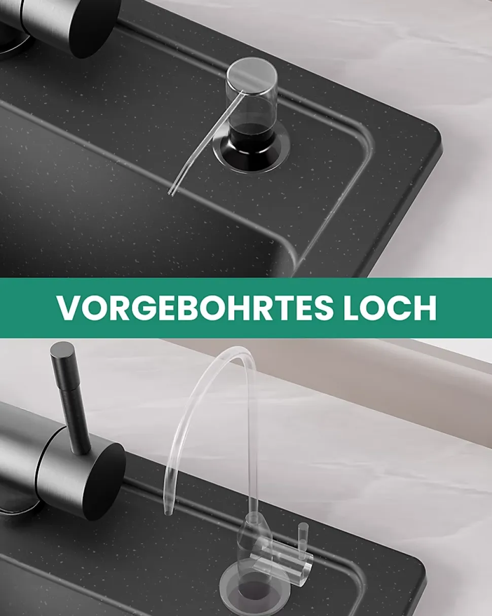 Évier de Cuisine en Granit 45x46cm , ANYCEE MAX Évier 1 Bac Noir , Kit de Vidage,Évier à Encastrer