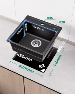 Évier de Cuisine en Granit 45x46cm , ANYCEE MAX Évier 1 Bac Noir , Kit de Vidage,Évier à Encastrer