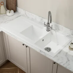 Évier de cuisine en résine blanc 2 bacs à encastrer et égouttoir GoodHome Keluak