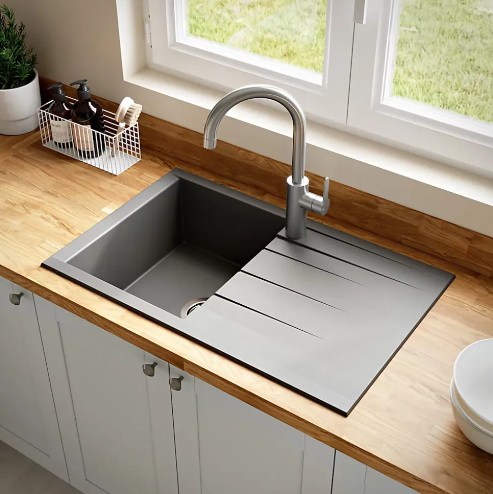 Évier de cuisine en résine gris 1 bac à encastrer et égouttoir GoodHome Keluak
