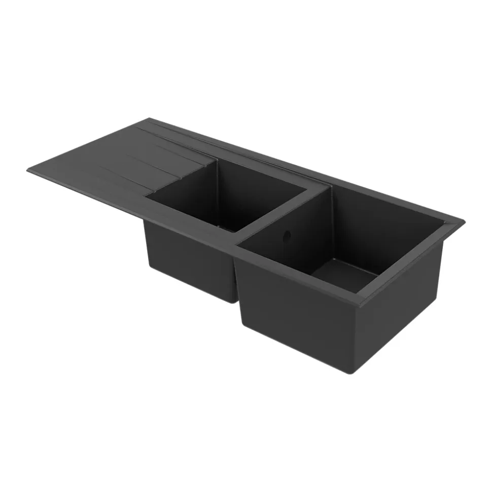 Évier de cuisine en résine noir 2 bacs à encastrer et égouttoir GoodHome Keluak
