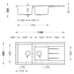 Évier de cuisine en résine noir 2 bacs à encastrer et égouttoir GoodHome Keluak