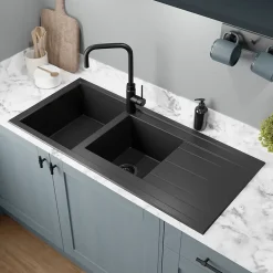 Évier de cuisine en résine noir 2 bacs à encastrer et égouttoir GoodHome Keluak