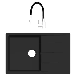 Évier de cuisine en résine noir à encastrer 1 bac avec égouttoir et robi flexible Fossum
