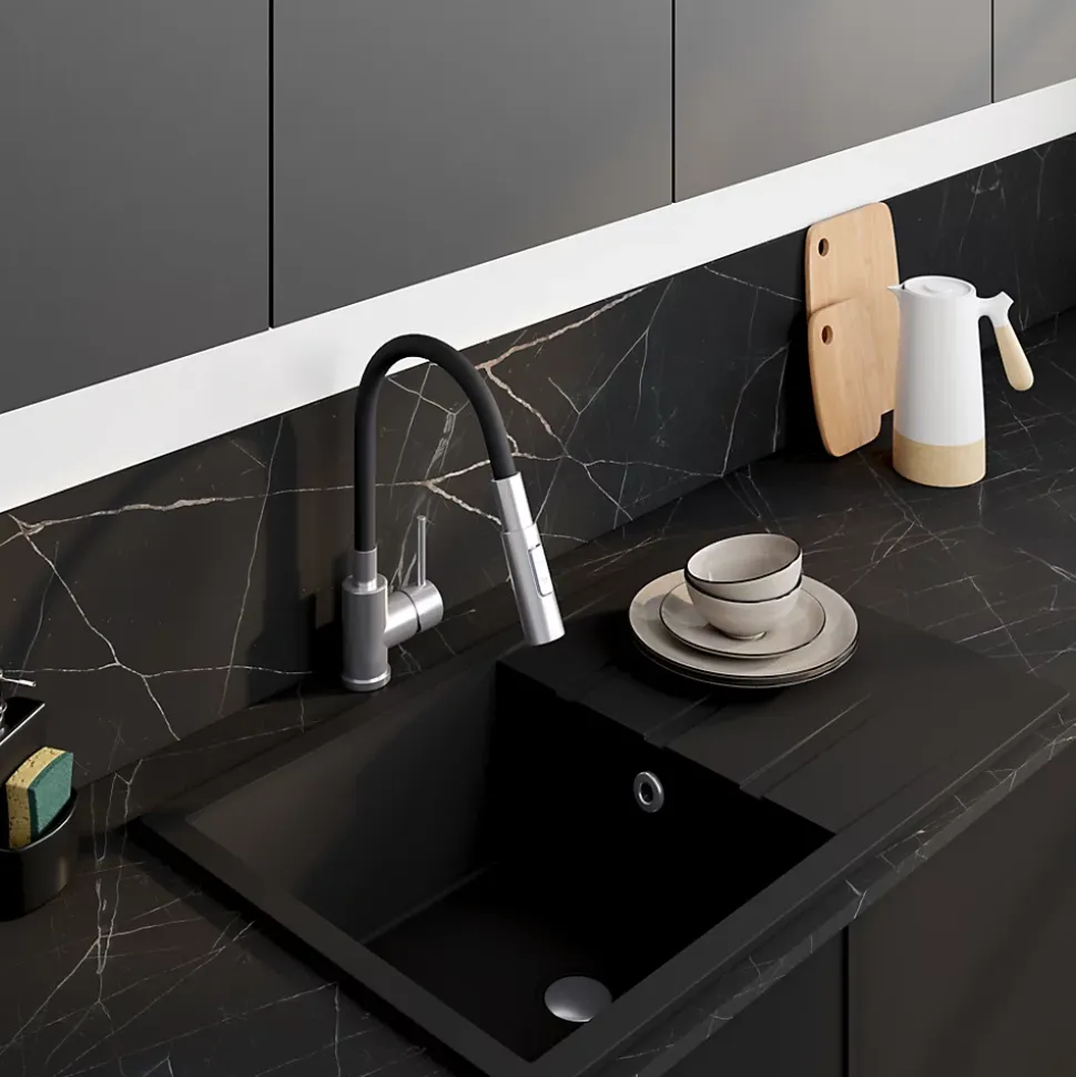 Évier de cuisine en résine noir à encastrer 1 bac avec égouttoir et robi flexible Fossum