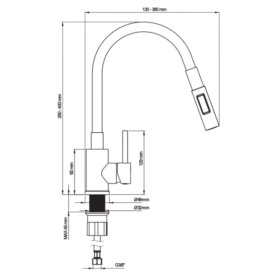 Évier de cuisine en résine noir à encastrer 1 bac avec égouttoir et robi flexible Fossum