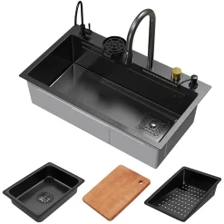 Évier de cuisine encasté multifonctions robinet douchette 80x46 cm anthracite