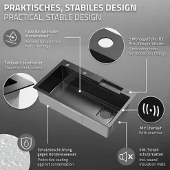 Évier de cuisine encasté multifonctions robinet douchette 80x46 cm anthracite