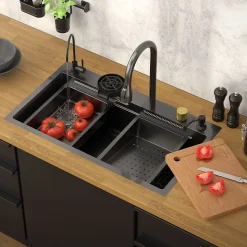 Évier de cuisine encasté multifonctions robinet douchette 80x46 cm anthracite