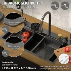 Évier de cuisine encasté multifonctions robinet douchette 80x46 cm anthracite