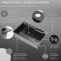 Évier de cuisine encasté multifonctions robinet douchette 75x46 cm anthracite