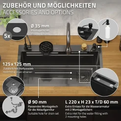 Évier de cuisine encasté multifonctions robinet douchette 75x46 cm anthracite