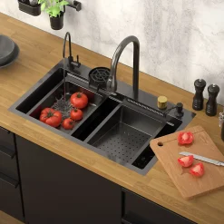 Évier de cuisine encasté multifonctions robinet douchette 75x46 cm anthracite