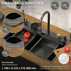 Évier de cuisine encasté multifonctions robinet douchette 75x46 cm anthracite