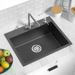 Évier de Cuisine inox 55 x 45 cm, CECIPA MAX Évier 1 Bac, Lavabo Cuisine Montage Encastré ou Supérieur + Distributeur de Savon