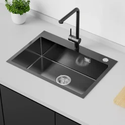 Évier de Cuisine inox 68 x 45 cm, Auralum MAX Évier 1 Bac, Lavabo Cuisine Montage Encastré ou Supérieur, avec Panier à eau