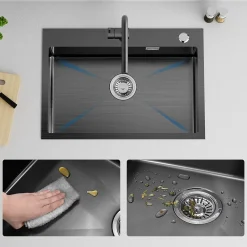 Évier de Cuisine inox 68 x 45 cm, Auralum MAX Évier 1 Bac, Lavabo Cuisine Montage Encastré ou Supérieur, avec Panier à eau