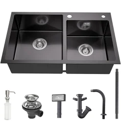 Évier de Cuisine inox 75 x 45 cm, Auralum MAX Évier 2 Bacs, Lavabo Cuisine Montage Encastré ou Supérieur, Évier carré