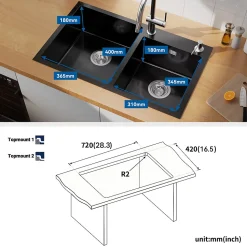 Évier de Cuisine inox 75 x 45 cm, Auralum MAX Évier 2 Bacs, Lavabo Cuisine Montage Encastré ou Supérieur, Évier carré