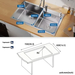 Évier de Cuisine inox 75 x 45 cm, Auralum MAX Évier 2 Bacs, Lavabo Cuisine Montage Encastré ou Supérieur, Évier carré