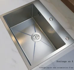 Évier de Cuisine Inox Argent 60x45x20cm 1 bac avec Vidage rapide et haut débit