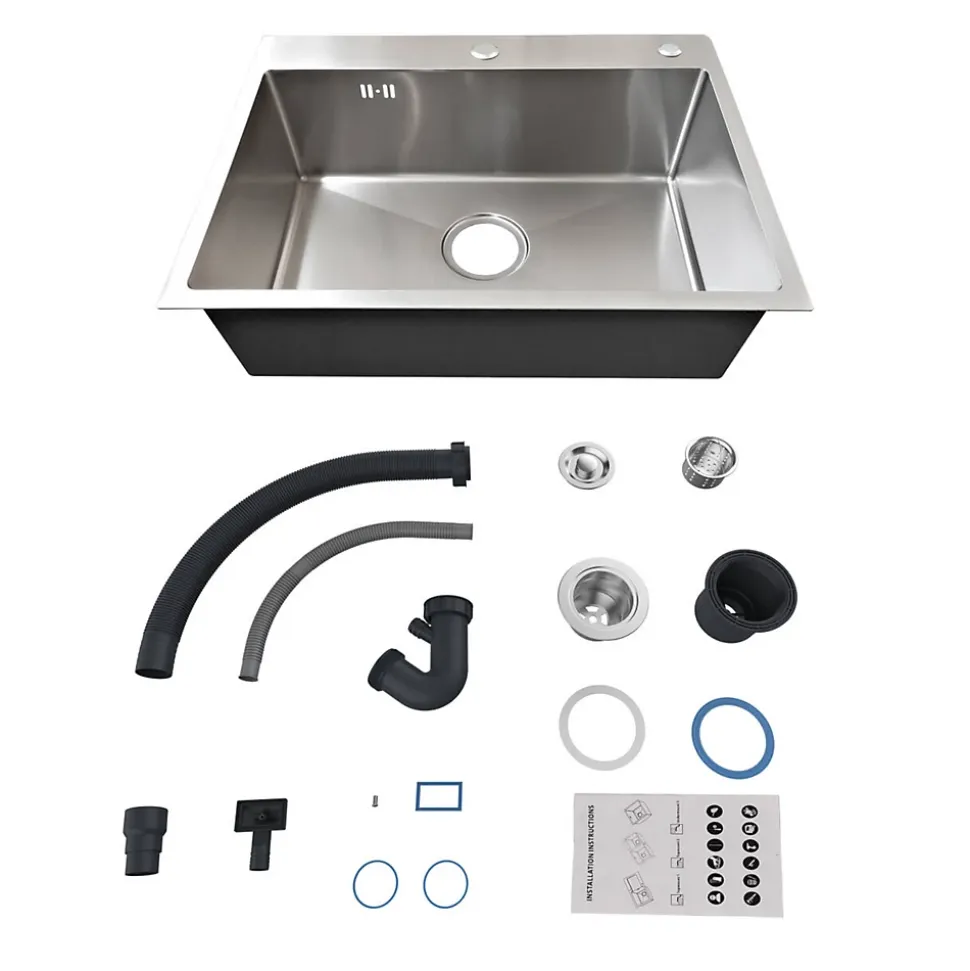 Évier de Cuisine Inox Argent 60x45x20cm 1 bac avec Vidage rapide et haut débit
