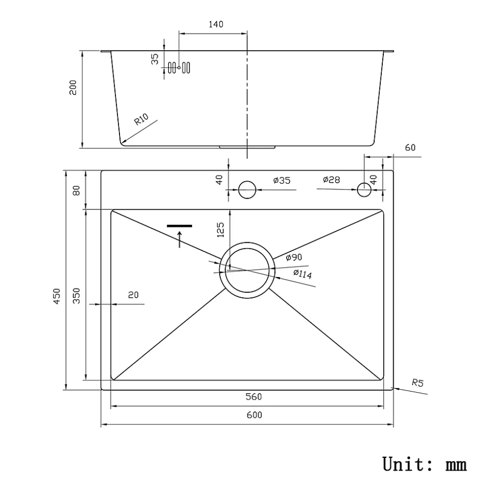 Évier de Cuisine Inox Argent 60x45x20cm 1 bac avec Vidage rapide et haut débit