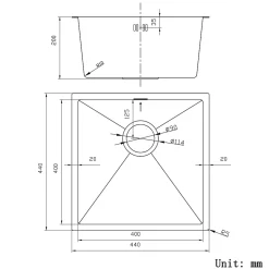 Évier de Cuisine Inox Argent Carré 44x44x20cm 1 bac avec Vidage rapide et haut débit
