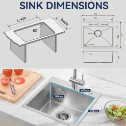 Évier de Cuisine inox brossé 45 x 45 cm, Auralum MAX Évier 1 Bac, Lavabo Cuisine Montage Encastré ou Supérieur, Évier carré