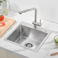 Évier de Cuisine inox brossé 45 x 45 cm, Auralum MAX Évier 1 Bac, Lavabo Cuisine Montage Encastré ou Supérieur, Évier carré